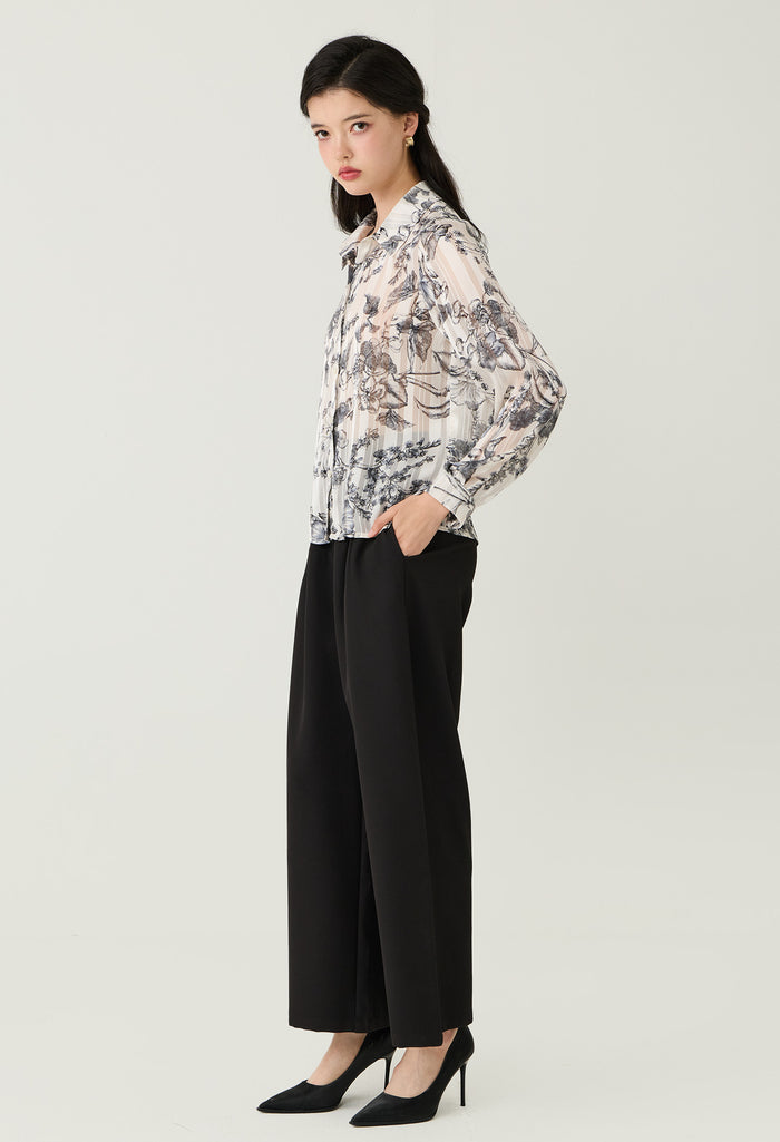 Floral Toile Sheer Button-Down Blouse