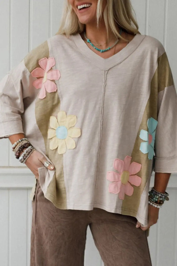 Flower Patched Exposed Seam Bracelet Sleeve Oversized T-Shirt - Green / S - Tops/Long Tops