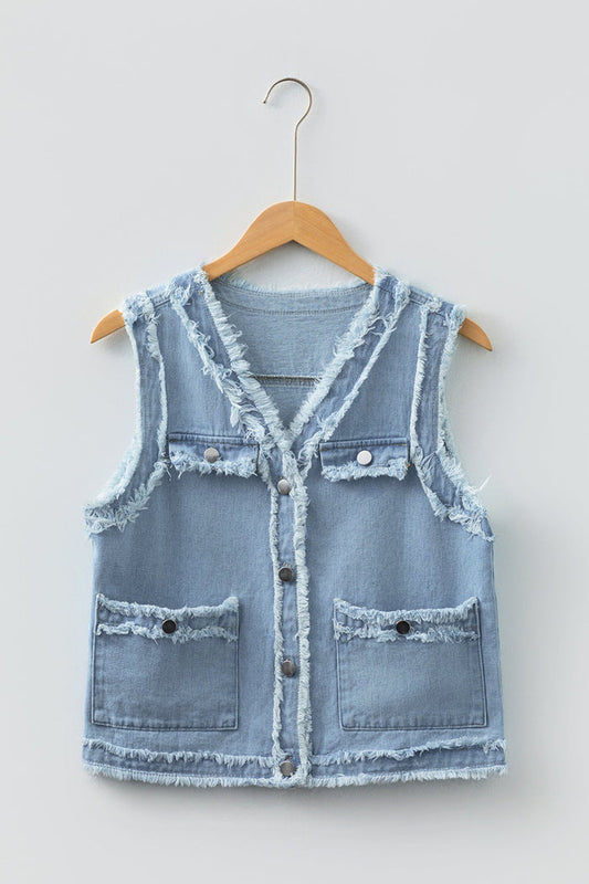 Frayed Edge Flap Pockets Denim Vest Jacket - Outerwear/Vests