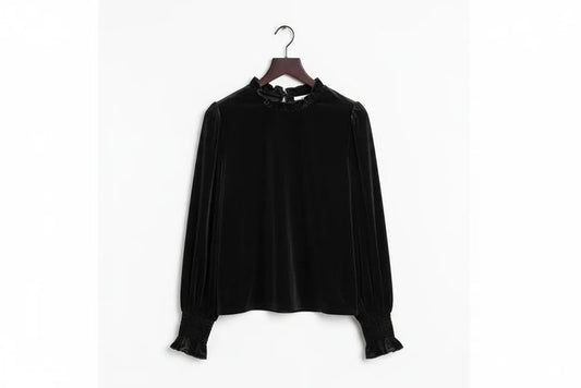 Frilled Collared Smocked Cuffs Puff Sleeve Velvet Blouse - Tops/Blouses & Shirts