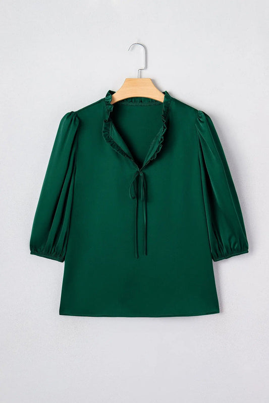 Frilled V-Neck Bow Detail 3/4 Sleeve Blouse - Tops/Blouses & Shirts