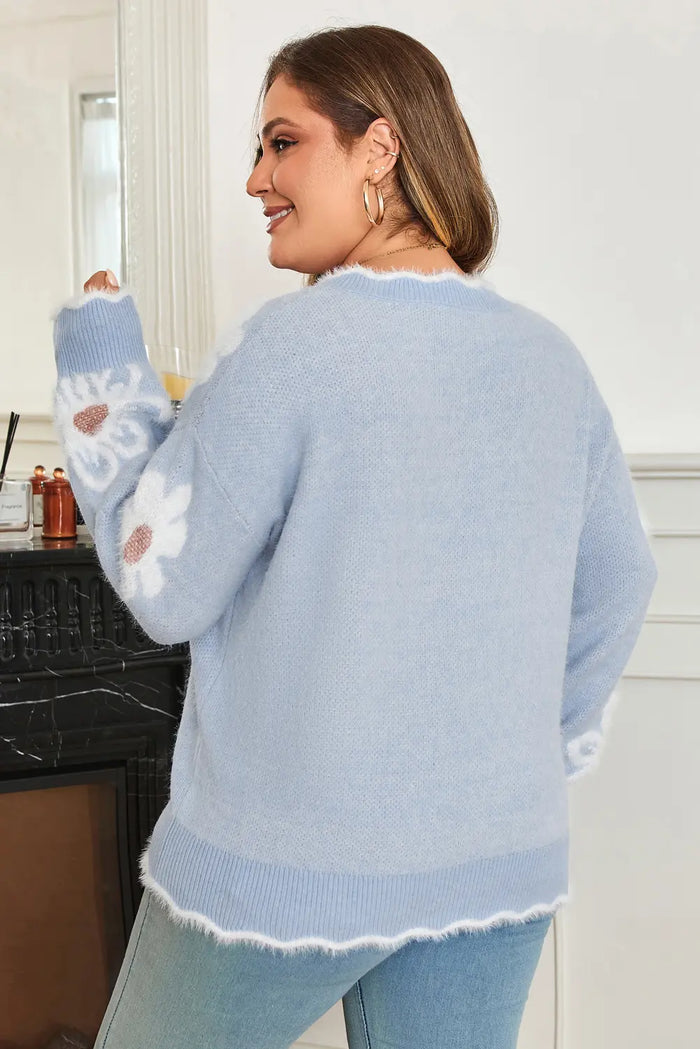 Fuzzy Floral Scalloped V-Neck Plus Size Sweater - Size/Plus Sweaters & Cardigans