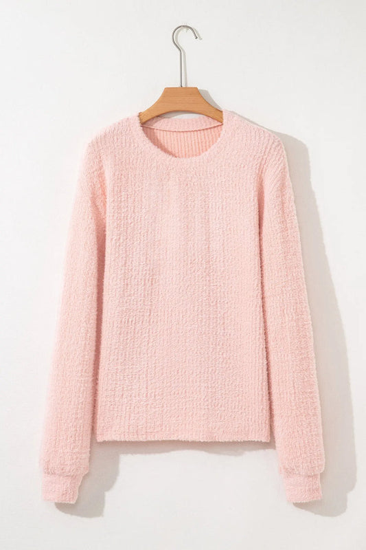 Fuzzy Ribbed Texture Round Neck Long Sleeve Top - Tops/Long Tops