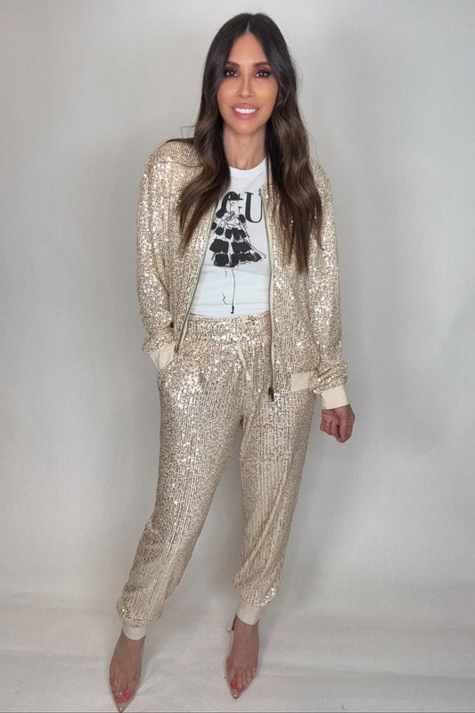 Style the Gold Sequin Bomber Jacket exclusively at Born To Glam