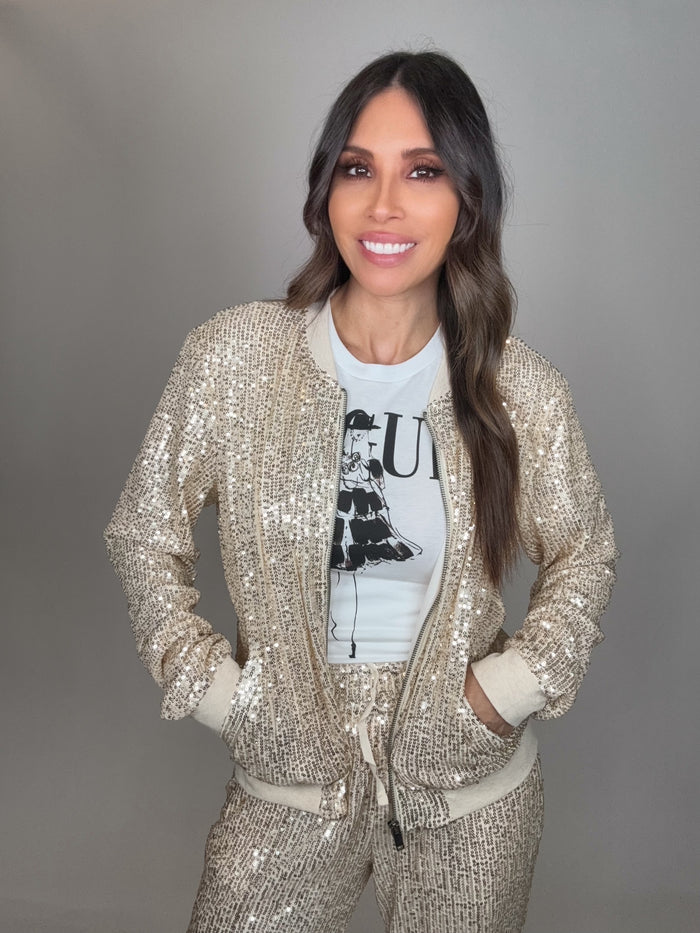 Style the Gold Sequin Bomber Jacket exclusively at Born To Glam