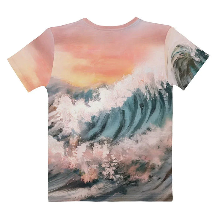 Great Wave Women's Tee - The distinctive finned collar and mermaid-like tail of the "glacier blue (#7CAFC2)" creature replacing the whitecaps of the traditional woodblock wave, set against "deep slate teal (#2F4F4F)" waves and a "warm coral pink (#F08080)" sunset gradient.