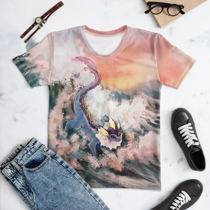 Great Wave Women's Tee in Sunset Tides Watercolor. OEKO-TEX® 100, REACH Compliant, Zero-Wastewater Printing.