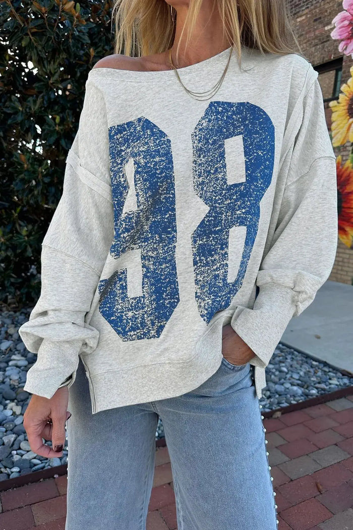 Grey Faded Varsity Print Loose Pullover Top - S - Tops/Sweatshirts & Hoodies