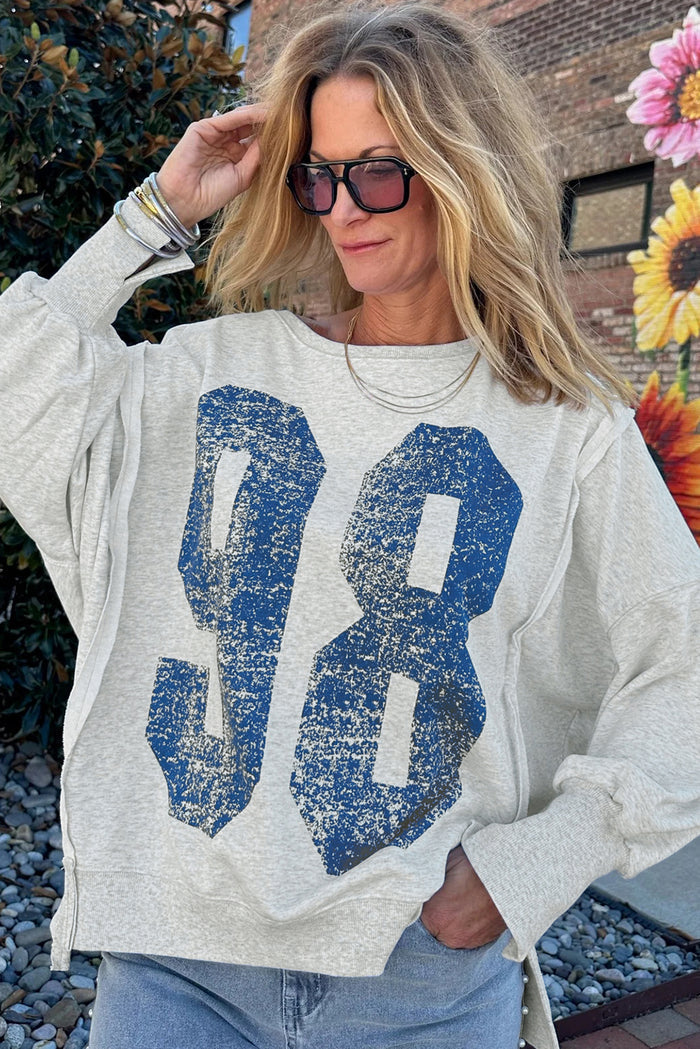 Grey Faded Varsity Print Loose Pullover Top - Tops/Sweatshirts & Hoodies