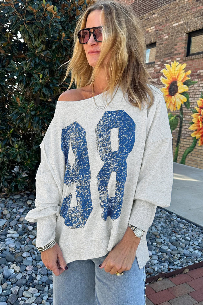 Grey Faded Varsity Print Loose Pullover Top - Tops/Sweatshirts & Hoodies
