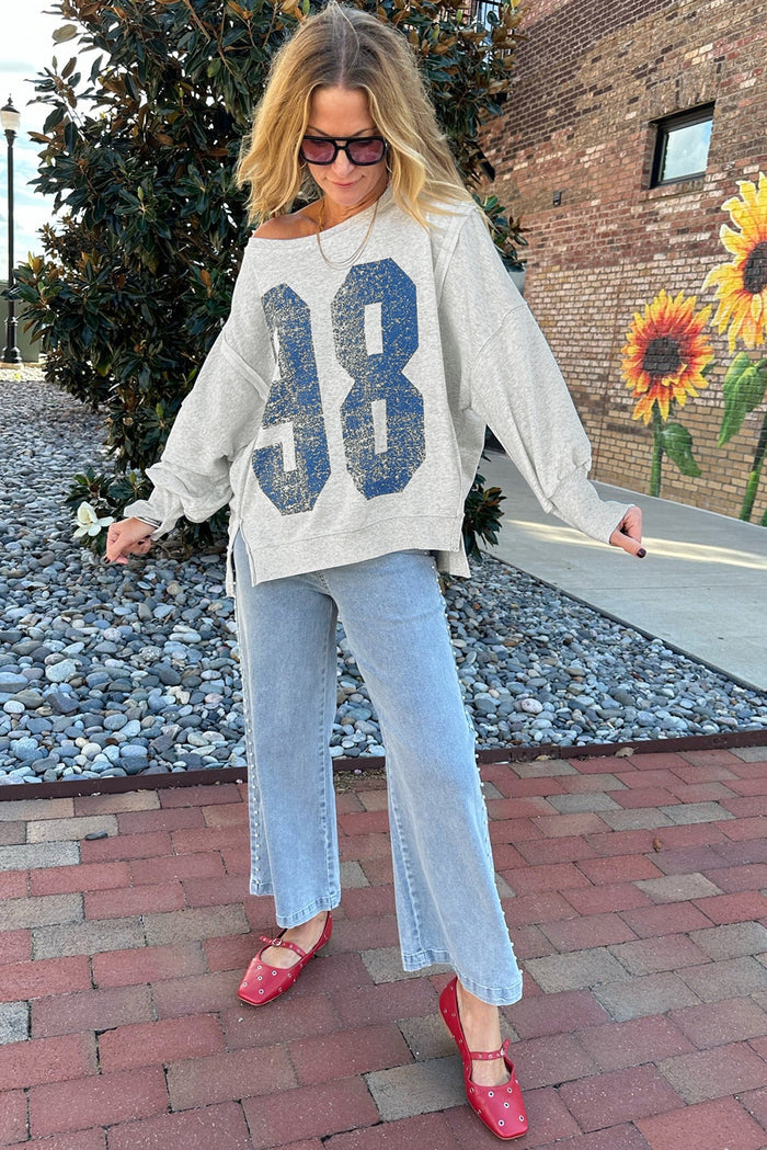 Grey Faded Varsity Print Loose Pullover Top - Tops/Sweatshirts & Hoodies