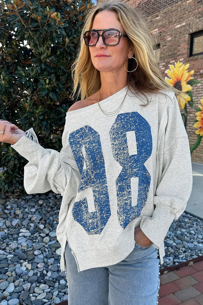 Grey Faded Varsity Print Loose Pullover Top - Tops/Sweatshirts & Hoodies