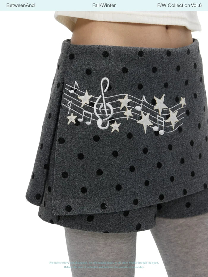 Grey wool skort skirt with music note polka dot design