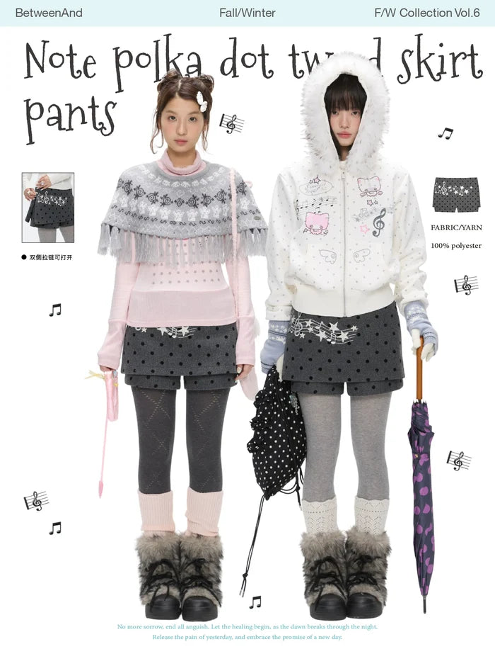 Grey wool skort skirt with music note polka dot design