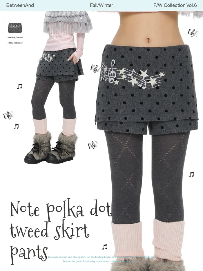 Grey wool skort skirt with music note polka dot design