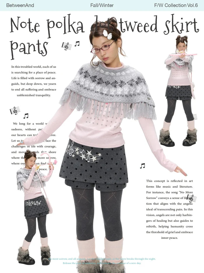 Grey wool skort skirt with music note polka dot design