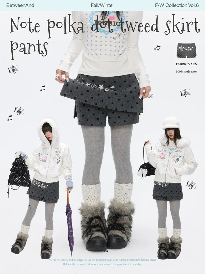 Grey wool skort skirt with music note polka dot design