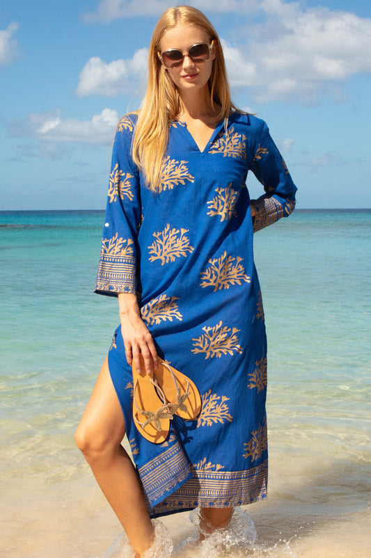 Guadalupe Maxi Organic Cotton Tunic | Cobalt/Gold - Aspiga