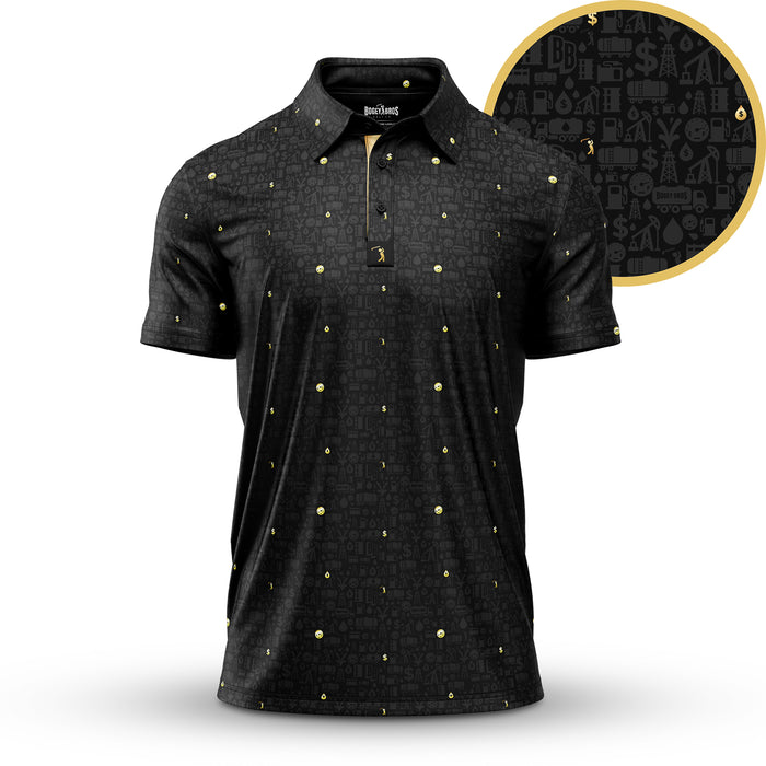 The Gusher - Polo is a black collared shirt with an athletic fit, featuring a subtle pattern of gold dollar signs and dark gray financial icons like coins, graphs, and money bags. An inset circle magnifies these stylish details for added flair.