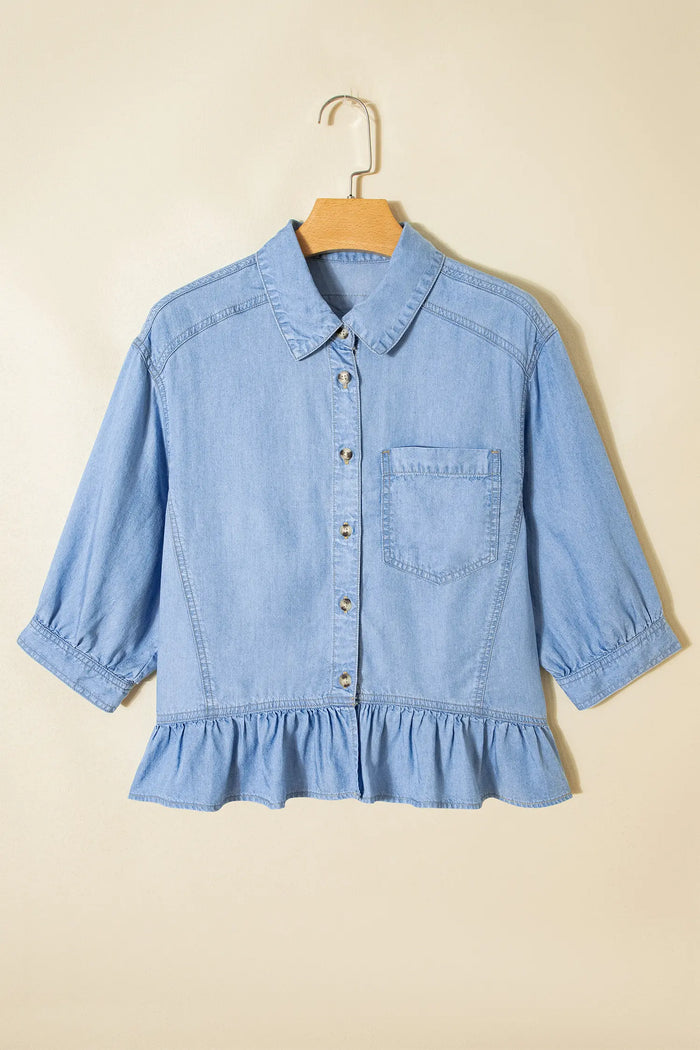 Half Sleeve Button Down Ruffled High Low Chambray Shirt
