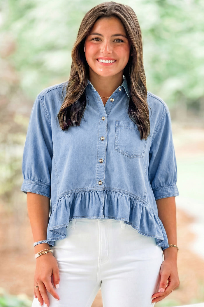 Half Sleeve Button Down Ruffled High Low Chambray Shirt