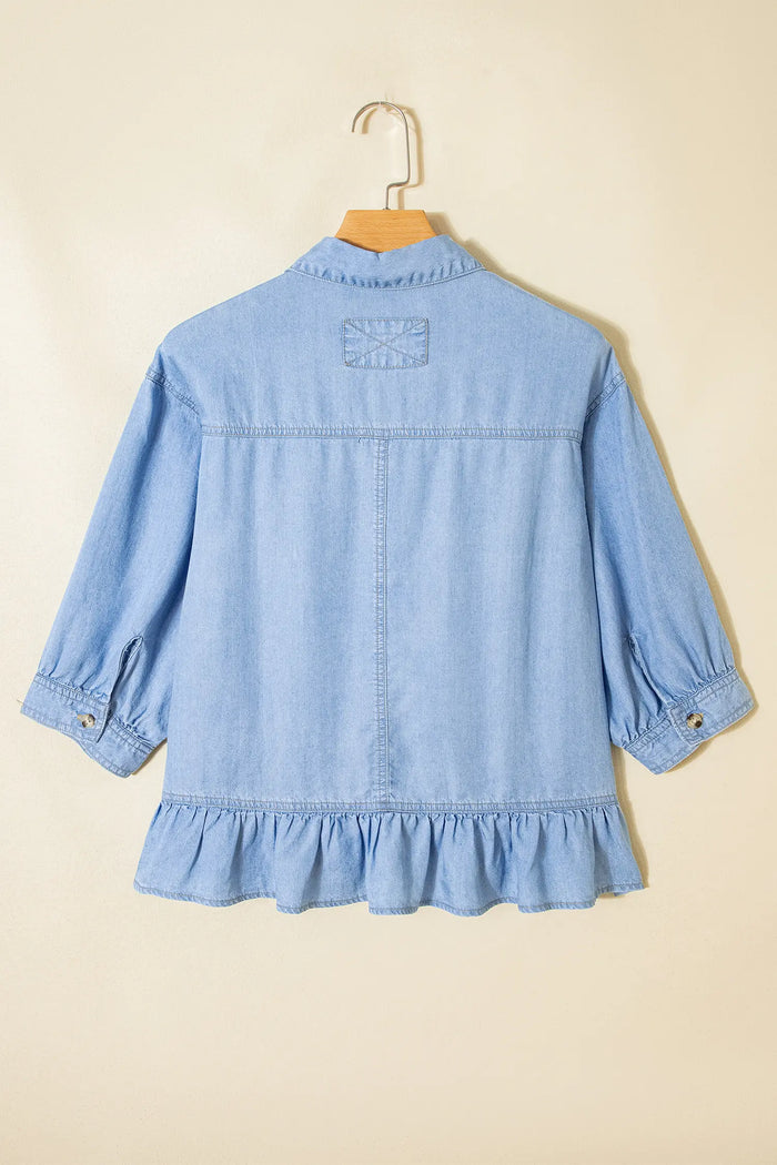 Half Sleeve Button Down Ruffled High Low Chambray Shirt