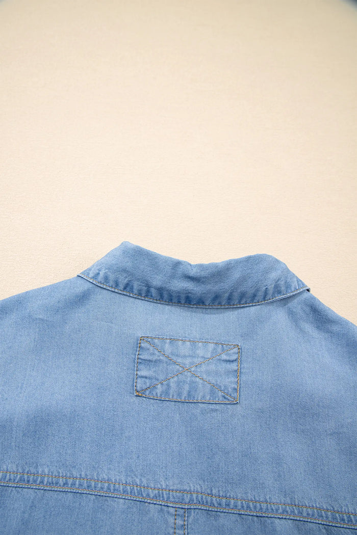 Half Sleeve Button Down Ruffled High Low Chambray Shirt