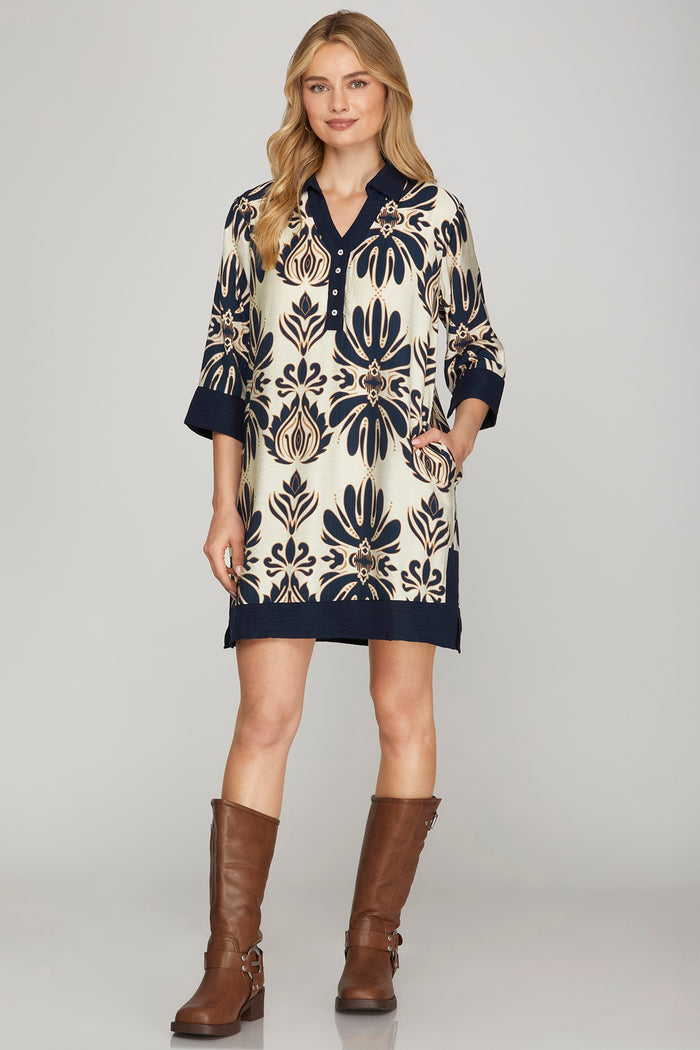 Half Sleeve Printed Mini Dress with Pockets – Navy