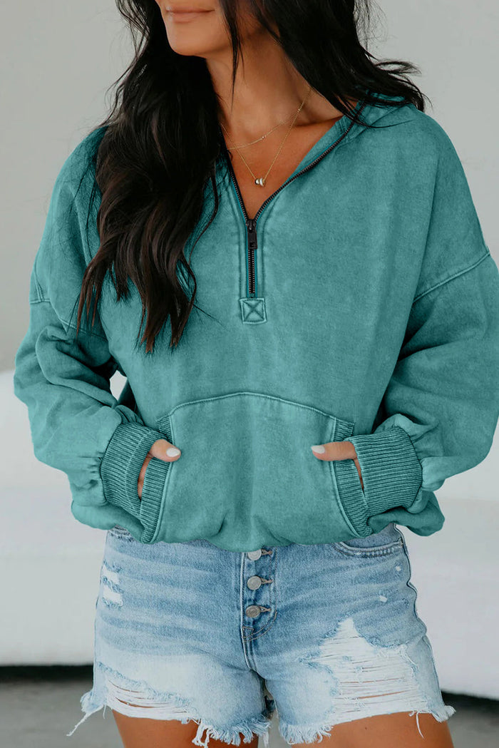 Half Zip Kangaroo Pocket Mineral Wash Baggy Hoodie - Green / S - Tops/Sweatshirts & Hoodies