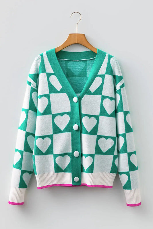 Heart Knit V-Neck Button Down Cardigan - Sweaters & Cardigans/Cardigans