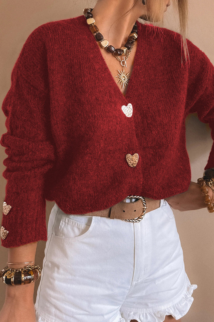 Heart Metal Button V-Neck Cardigan - Sweaters & Cardigans/Cardigans