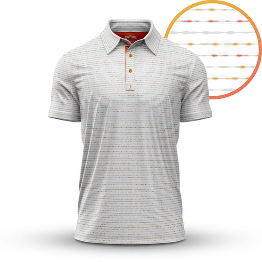 The Heat Index - Polo is a light gray short-sleeve shirt with thin orange and gold lines in a repeating line and dot pattern. It features an athletic fit, buttoned collar, moisture-wicking fabric, and a small embroidered logo.