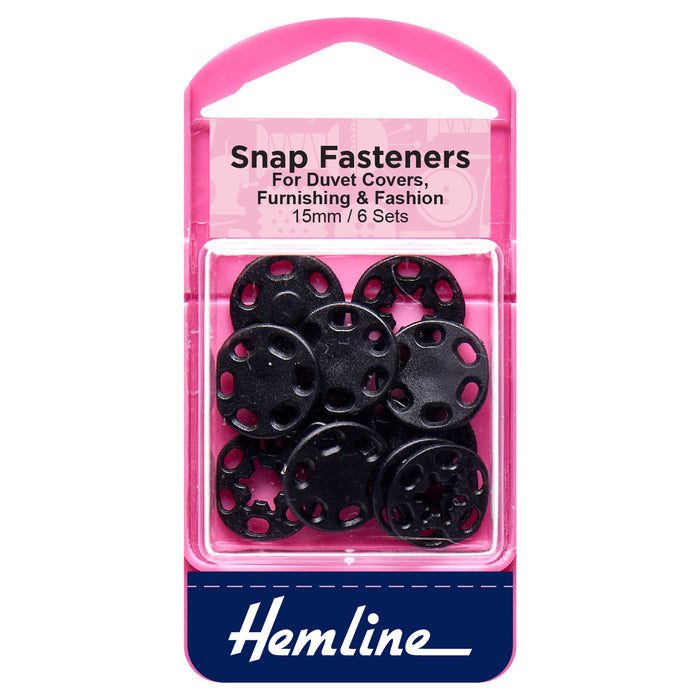 Hemline Snap Fasteners: Sew-on: Black (Plastic): 15mm: Pack of 6 - Snaps