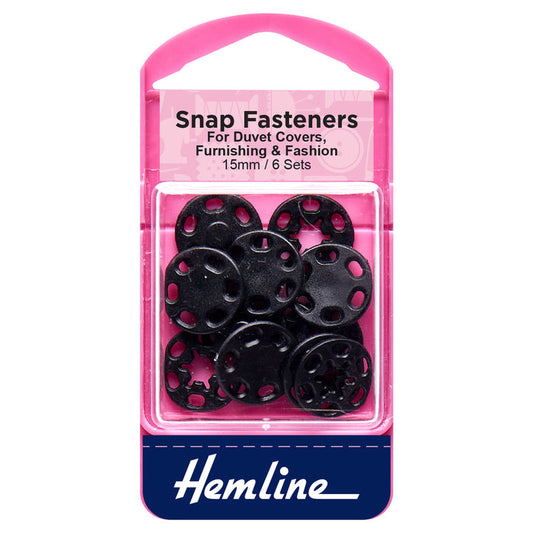 Hemline Snap Fasteners: Sew-on: Black (Plastic): 15mm: Pack of 6 - Snaps