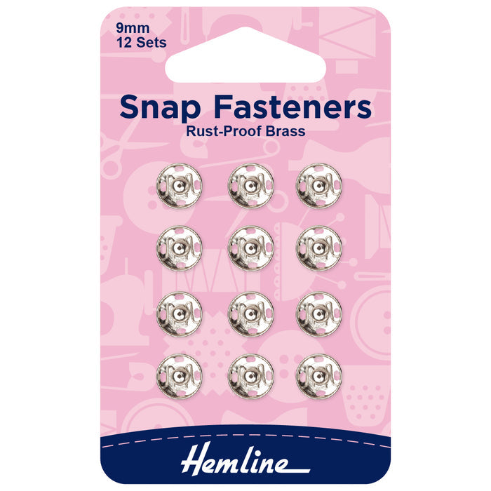 Hemline Snap Fasteners: Sew-on: Nickel: 9mm: Pack of 12 - Snaps