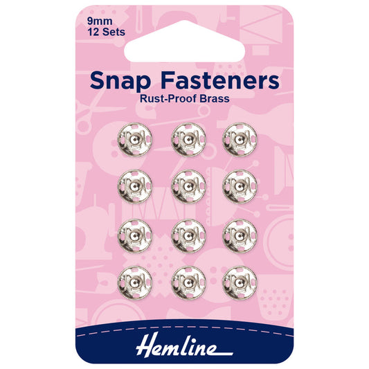 Hemline Snap Fasteners: Sew-on: Nickel: 9mm: Pack of 12 - Snaps