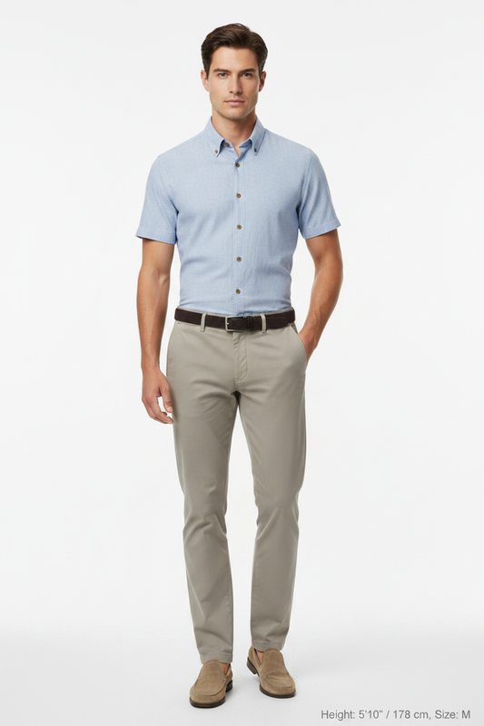 Wam Denim Quarn Blue Short Sleeve Shirt – model front view, tucked in