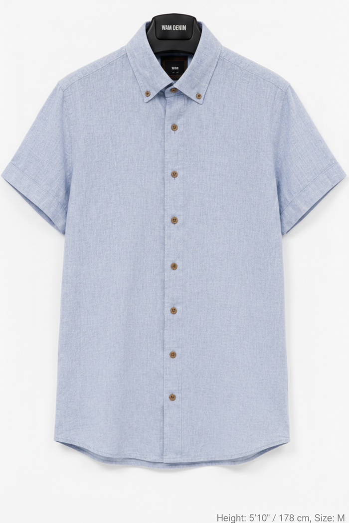 Wam Denim Quarn Blue Short Sleeve Shirt – front hanger view with size label