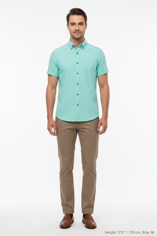 Wam Denim Quarn Turquoise Short Sleeve Shirt – model front view, tucked in