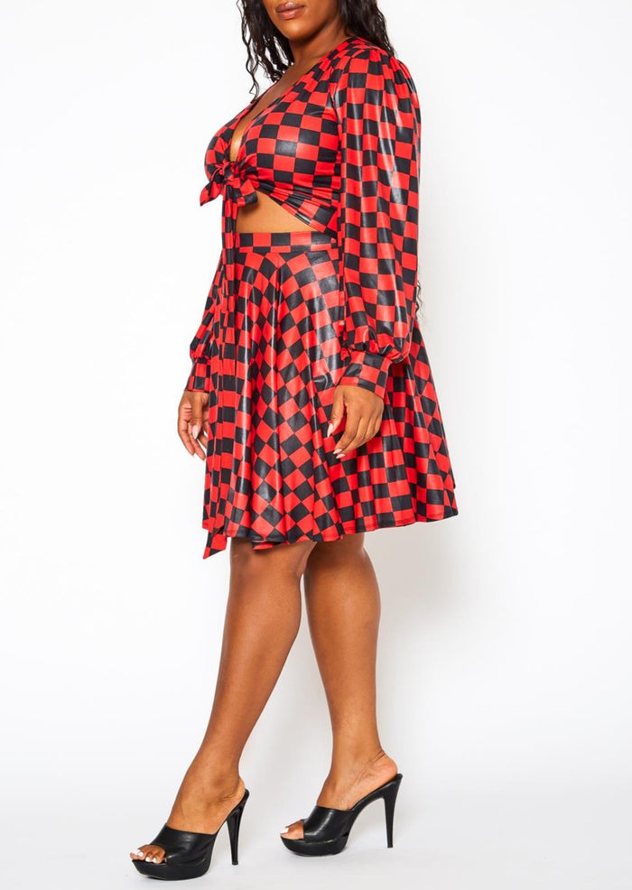 Hi Curvy Plus Size Checkered Print Wrap Top &amp; Pleated Skirt Set