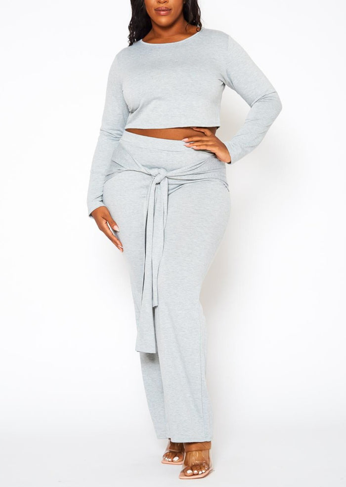 Hi Curvy Plus Size Women Crop Sweater & Belted Flare Pants Set