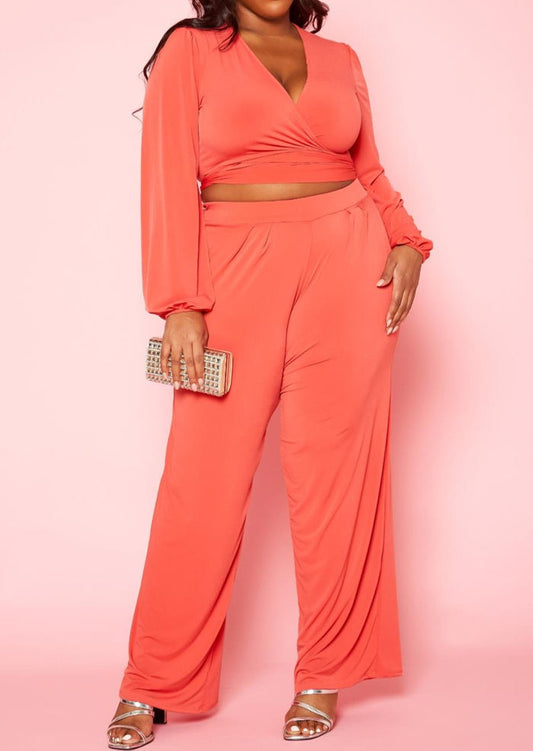 HI Curvy Plus Size Women Wrap Crop Top & Wide Pants Set Made in USA