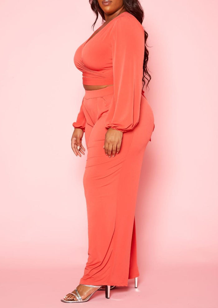 HI Curvy Plus Size Women Wrap Crop Top & Wide Pants Set Made in USA