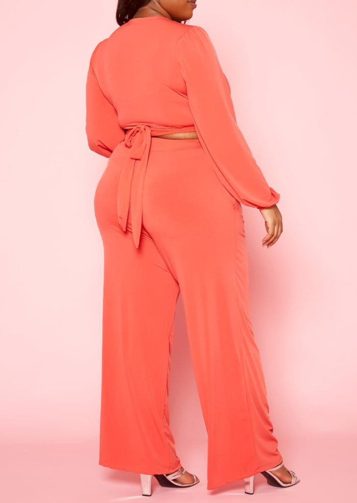 HI Curvy Plus Size Women Wrap Crop Top & Wide Pants Set Made in USA