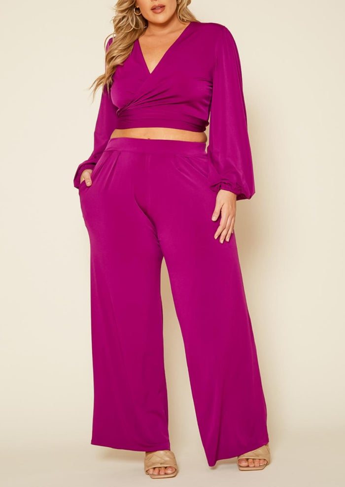 HI Curvy Plus Size Women Wrap Crop Top & Wide Pants Set Made in USA