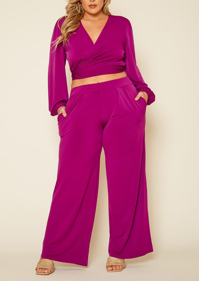 HI Curvy Plus Size Women Wrap Crop Top & Wide Pants Set Made in USA