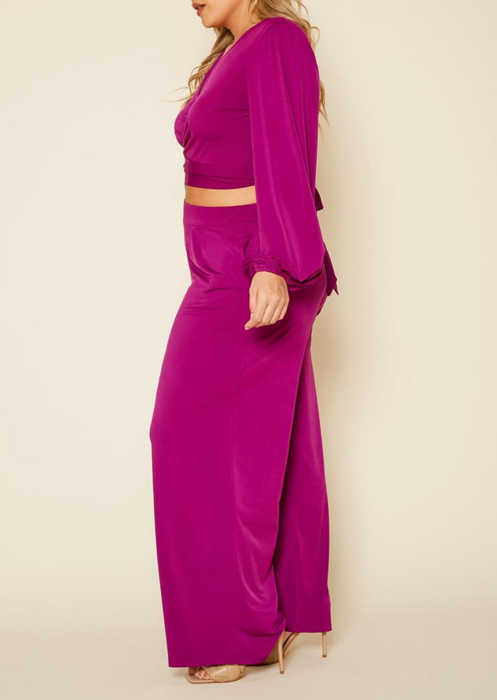 HI Curvy Plus Size Women Wrap Crop Top & Wide Pants Set Made in USA