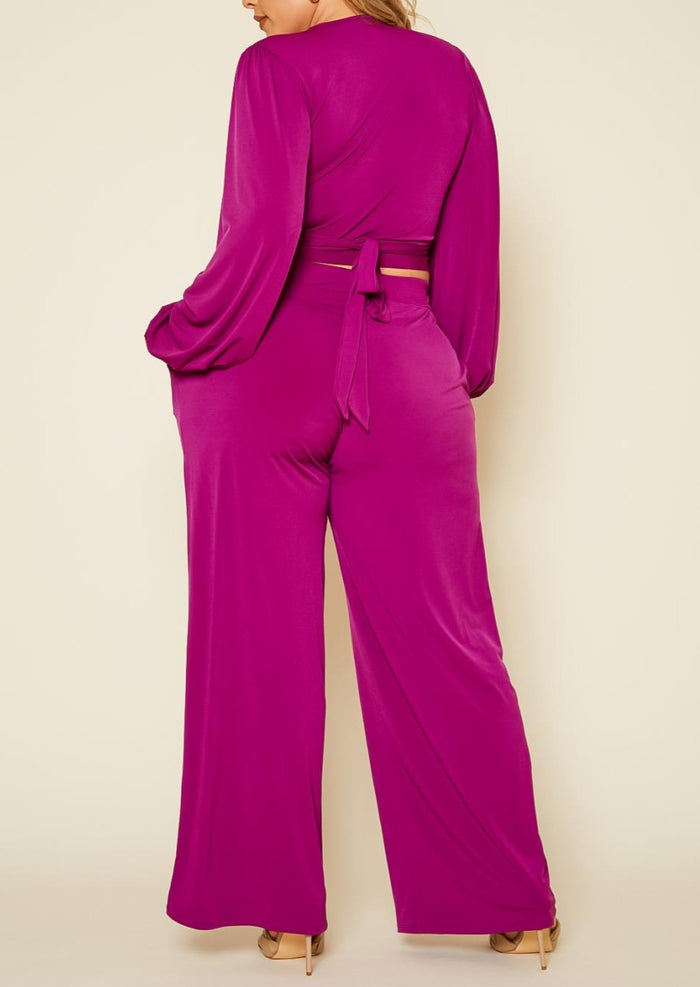 HI Curvy Plus Size Women Wrap Crop Top & Wide Pants Set Made in USA