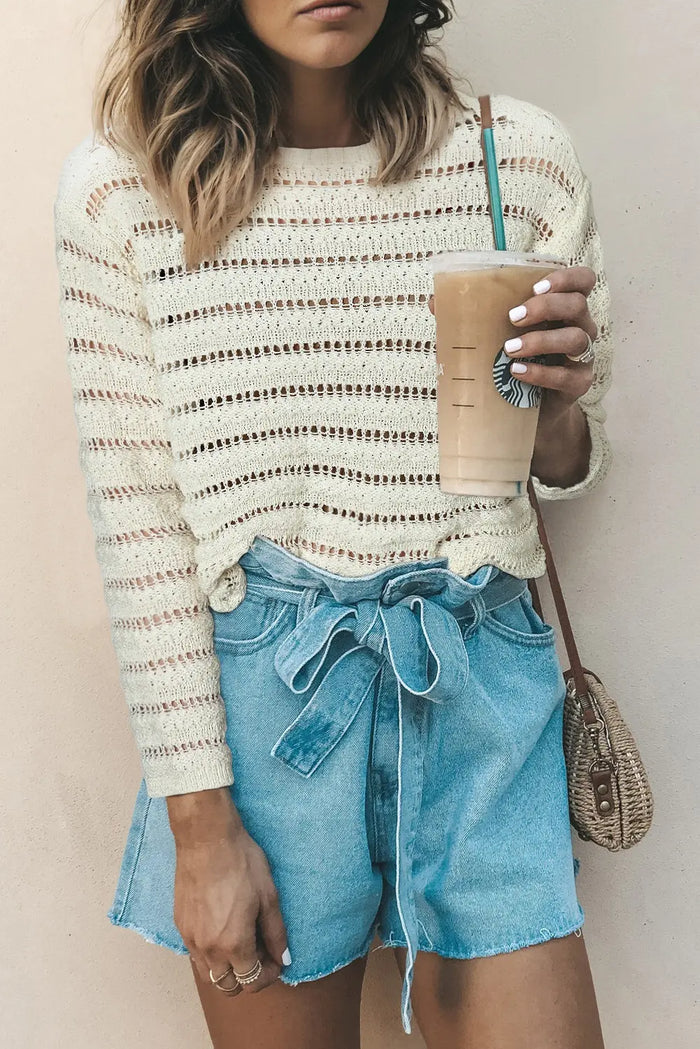 Hollow Out Knit Round Neck Sweater - Off White / S - Sweaters & Cardigans/Sweaters