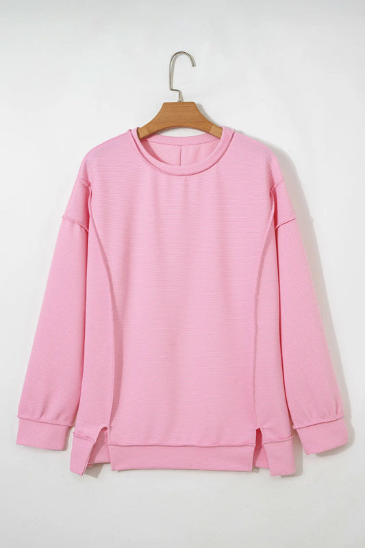 Horizontal Ribbed Exposed Seam Detail Drop Shoulder Baggy Pullover